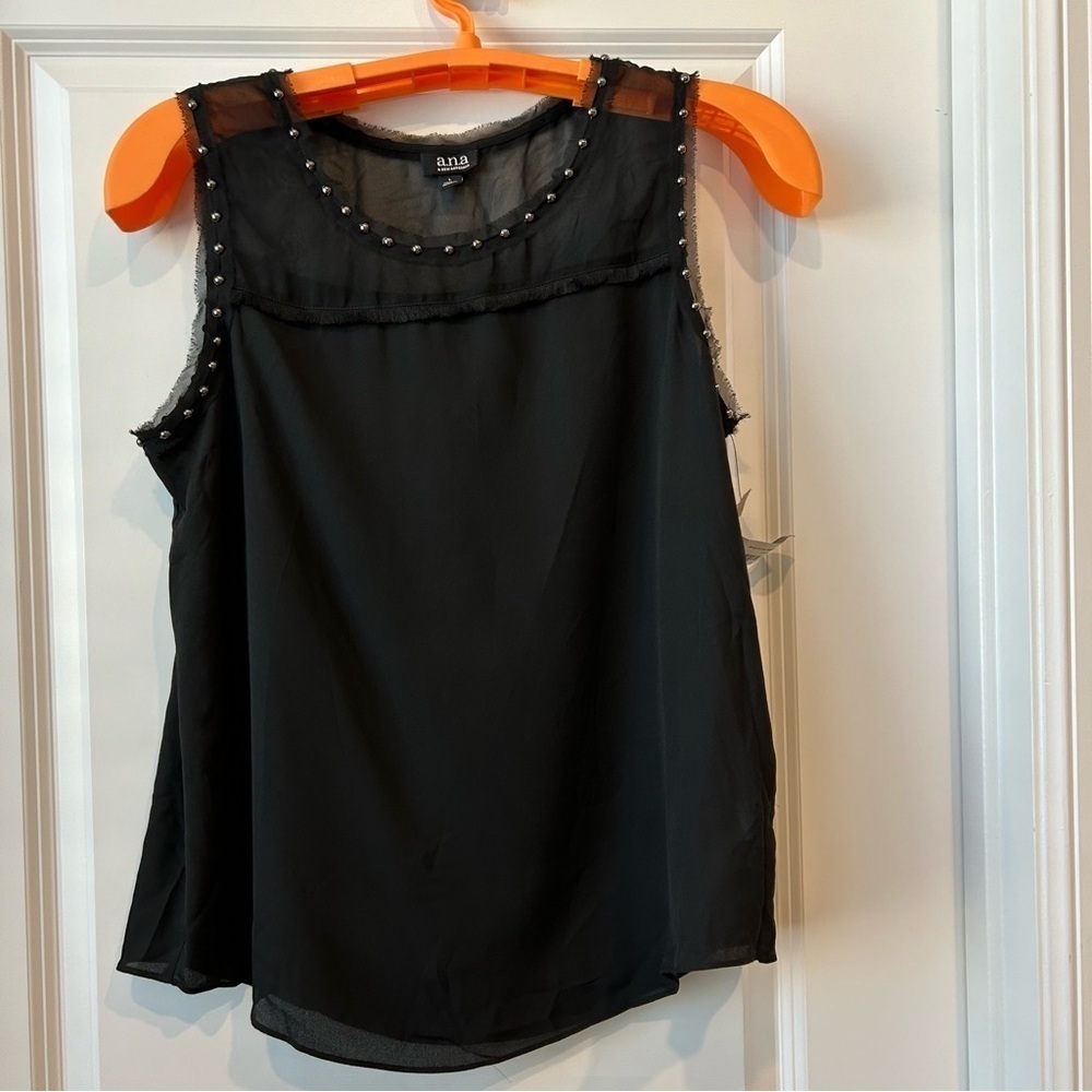 NWT ANA sheer black Sleeveless top Sz L  Embellishments Studs Raw Armholes Neck
